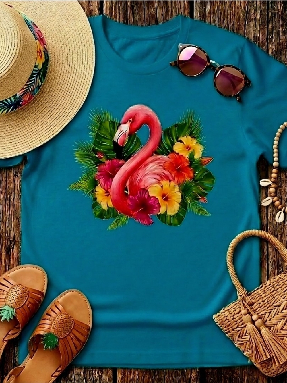 Tropical Flamingo Graphic Tee • Turquoise Summer Shirt • Bright Floral Tshirt